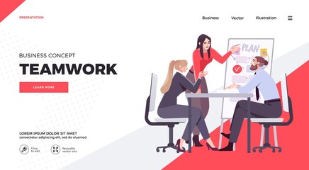Presentation slide template or landing page website design. Business concept illustrations. Modern flat style. Teamwork concept