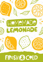 Fresh lemonade icon. Yellow and green logo, label. Hand drawn vector lettering . Organic summer drink with lemons. Handwritten quote sketch typography.	