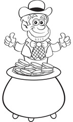 Black and white illustration of a leprechaun sitting in a pot of gold coins.