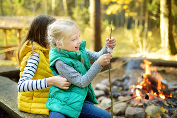 Cute young sisters roasting marshmallows on stick at bonfire. Children having fun at camp fire. Camping with children in fall forest.