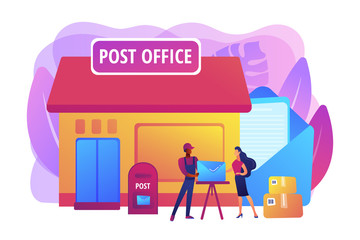 Documents, letters express courier delivering. Postal services. Post office services, post delivery agent, post office card accounts concept. Bright vibrant violet vector isolated illustration