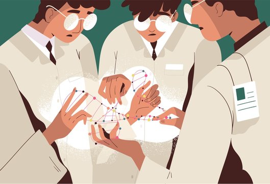 Group of scientists or researchers in lab coats holding DNA molecule and analyzing it. Scientific research in genetic engineering, genome modification and genomics. Flat cartoon vector illustration.