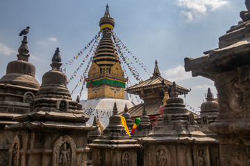 Naklejka premium Swayambhunath is an ancient religious architecture atop a hill in the Kathmandu Valley.Swayambhunath is also known as the Monkey Temple