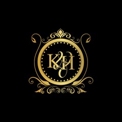 K & H / KH logo initial vector mark. Initial letter K and H KH logo luxury vector mark, gold color elegant classical symmetric curves decor.