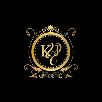 K & J / KJ logo initial vector mark. Initial letter K and J KJ logo luxury vector mark, gold color elegant classical symmetric curves decor.