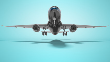 Fototapeta na wymiar Concept turbojet aircraft rises to take off 3d render on blue background with shadow