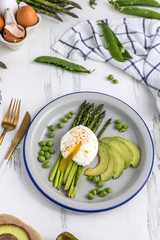 Poached eggs with asparagus, avocado and green peas