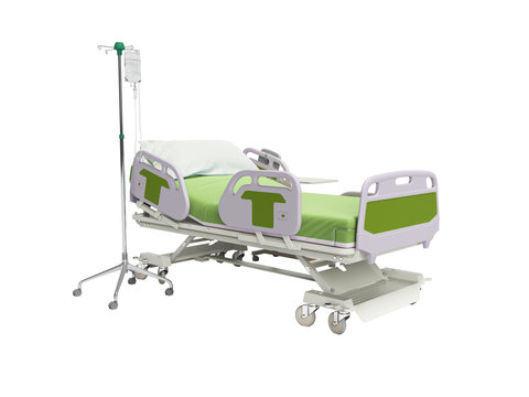 Concept green hospital bed semi automatic with remote control and drip on tripod 3d render on white background no shadow