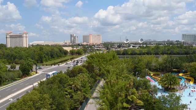 Orlando, Florida. June 03, 2019. Time lapse of Panoramic view of International Drive, I4, Convention Center area.
