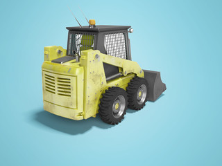 Yellow diesel loader with front bucket isolated rear 3D render on blue background with shadow