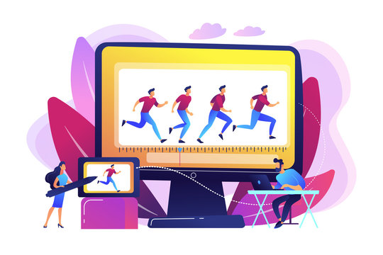 Animator working on character movement. Designing frames of walking. Computer animation, cartoon video creation, make your story alive concept. Bright vibrant violet vector isolated illustration