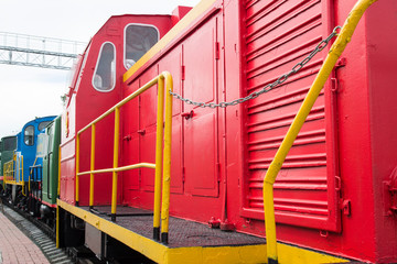 NOVOSIBIRSK, RUSSIA - JULY 5, 2019: Museum for Railway Technology Novosibirsk. Old, Soviet railway locomotive, repair train