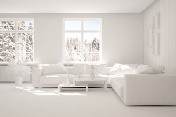 Mock up of stylish room in white color with sofa and winter landscape in window. Scandinavian interior design. 3D illustration