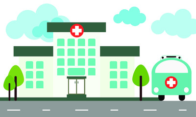  Medical concept with hospital buildings and ambulances in a smooth style