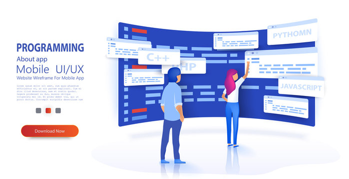 People programmers coding and correct errors in project. Dashboard screen with program code. Programmer at work concept banner. Can use for web banner Trendy flat style. Isometric vector illustration