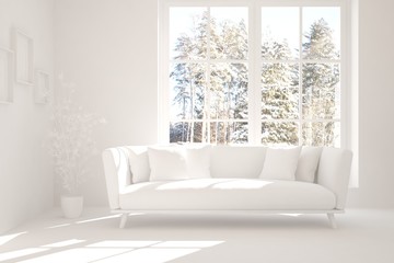 Mock up of stylish room in white color with sofa and winter landscape in window. Scandinavian interior design. 3D illustration