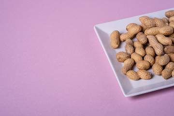 Peanuts in white square shaped plate minimal on purple background backdrop food nut texture copy space angle view
