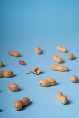 Fototapeta na wymiar Peanuts flat lay minimal on blue background backdrop food nut texture copy space selective focus angle view 