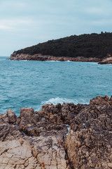landscape view windy weather sea waves splashes