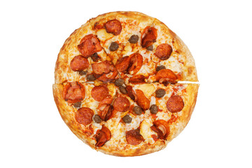 Meat pizza with pepperoni, beef meatballs, chicken pieces and bacon. Top view. Isolated on white.
