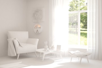 Mock up of stylish room in white color with armchair and green landscape in window. Scandinavian interior design. 3D illustration