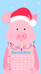 Cute pig in a hat of Santa Claus with a garland. Monthly Calendar for December 2020. Week start on Sunday. Funny animal