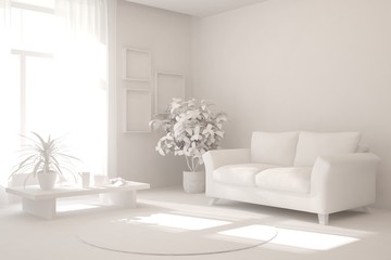 Mock up of stylish room in white color with sofa. Scandinavian interior design. 3D illustration