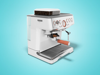 White coffee machine with capacity for coffee and water tank 3d render on blue background with shadow