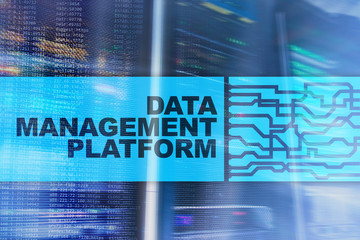 Data management and analysis platform concept on server room background.