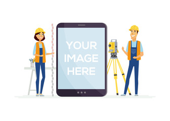 Geodesists at work - cartoon people characters illustration