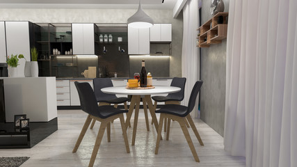 modern kitchen - table and chairs in the foreground. 3D render