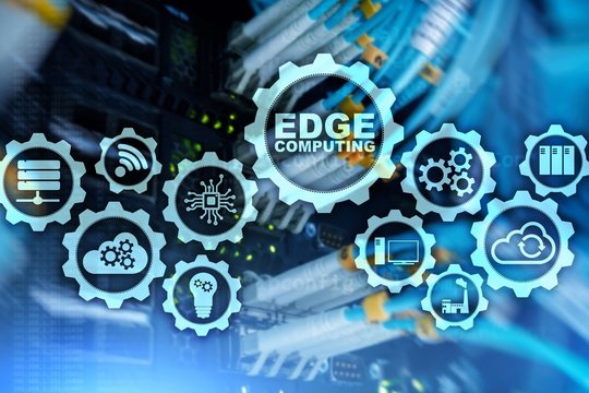 EDGE COMPUTING on modern server room background. Information technology and business concept for resource intensive distributed computing services.
