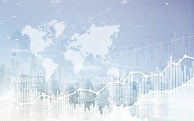 World wide map on abstract business background, coins and calculator double exposure graph, chart and diagram.