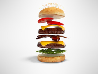 Concept of creating hamburger in layers 3d render illustration on gray background with shadow