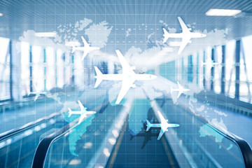 World map with flight routes airplanes. Global Aviation Business Tourism. Double exposure...