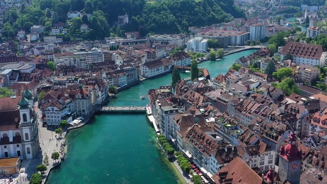 Aerial view of cityscape of Lucerne, beautiful Swiss historic city - landscape panorama of Switzerland from above, Europe