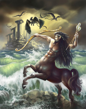 Centaur by the stormy sea. Digital art. Digital painting.