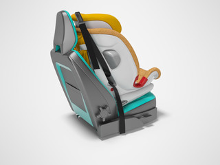Orange baby car seat with five point safety straps with isofix 3d render on gray background with shadow