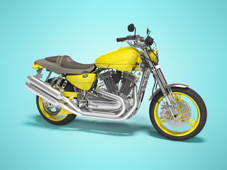 Yellow two seat motorcycle isolated right side view 3d render on blue background with shadow
