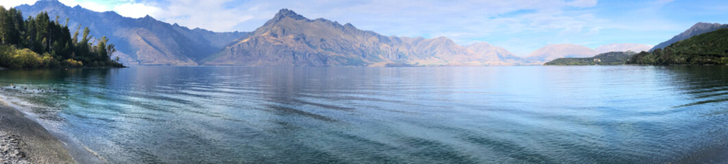 Panorama of mountain and sea scene New Zealand