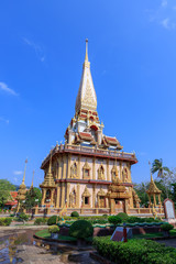 Fototapeta premium Pagoda at Wat Chaitharam or Chalong Temple. The most famous and important temple in the province.