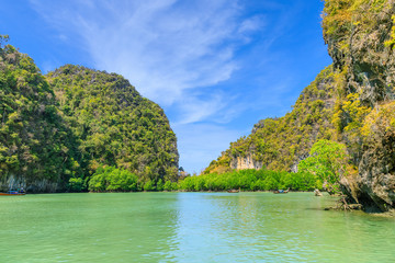 Fototapeta na wymiar Lagoon bay with emerald green water in Koh Hong Island, Andaman sea at Krabi, Thailand
