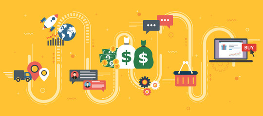 Internet investment and business icons, e-commerce and product sales, business strategy, communication and customer satisfaction.