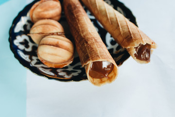 Waffle tubes and cookies with sweet filling