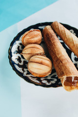 Waffle tubes and cookies with sweet filling