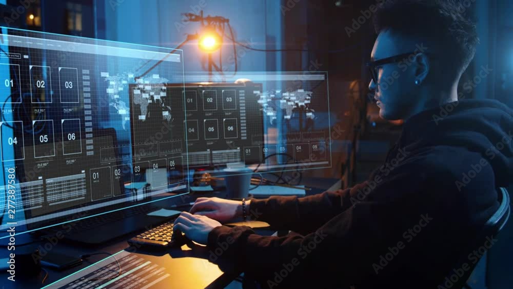 Poster cybercrime, hacking and technology concept - asian male hacker in dark room writing code or using co