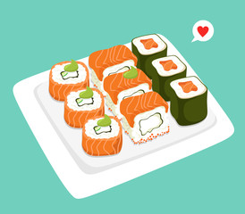 Japanese sushi rolls on a dish. Vector illustration