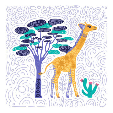 Cartoon giraffe vector flat illustration in scandinavian style. Tropical savanna summer card.