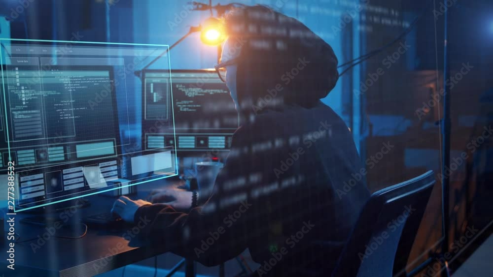 Poster cybercrime, hacking and technology concept - asian male hacker in dark room writing code or using co