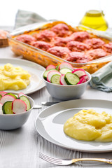 Meatballs and mashed potato. Rustic dinner.